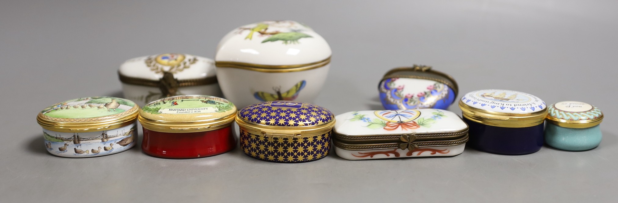 Four Halcyon Days enamel boxes, a Herend Rothschild Bird box and cover, and other trinket boxes (9)